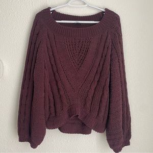Express burgundy wine purple open knit cozy sweater with balloon sleeves size S